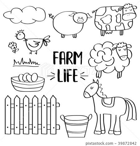 插图素材: doodle animal farm set for colorig