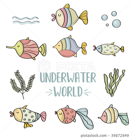 doodle fishes set, underwater world doodle fishes set, underwater world 39872849