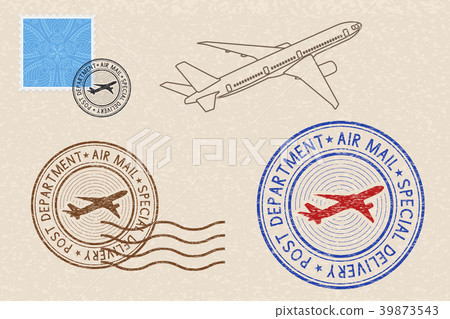 Postmarks and postal elements on beige background 39873543