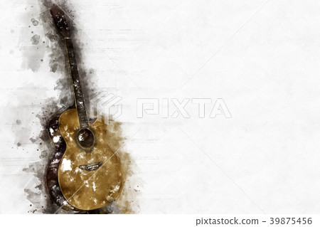 Abstract Acoustic Guitar on Watercolor painting. 39875456