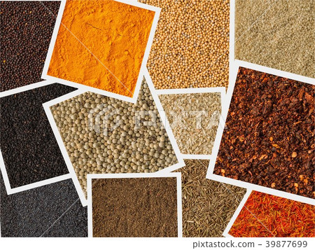 Collage of different spices background. Collection Collage of different spices background. Collection 39877699