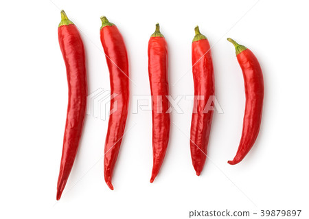 Five red chilli peppers on a white background Five red chilli peppers on a white background 39879897
