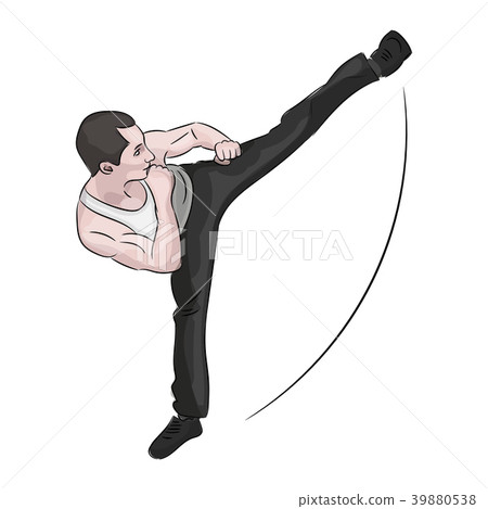 Silhouette of a karateka doing side kick . Silhouette of a karateka doing side kick . 39880538