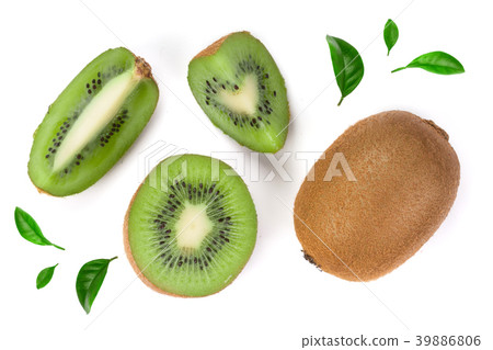 Kiwi fruit with slices decorated with green leaves Kiwi fruit with slices decorated with green leaves 39886806