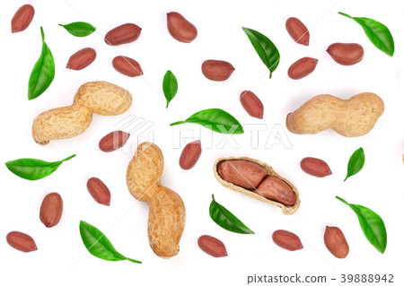 Peanuts decorated with green leaves isolated on 39888942