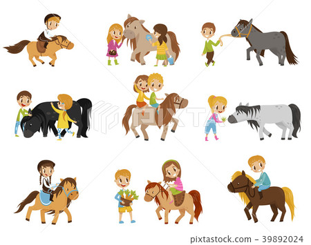 Funny little kids riding ponies and taking care of 39892024