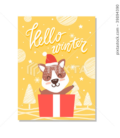 Hello Winter Cute Puppy on Vector Illustration 39894390