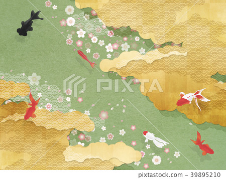 Japanese taste (clouds, blue sea waves, cherry blossoms, green tea, goldfish) 39895210