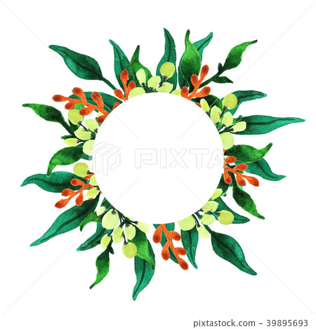 Watercolor circle frame of greenery - Stock Illustration [39895693] - PIXTA