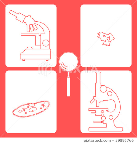 Stylized icons of microscopes, magnifier, amoeba, Stylized icons of microscopes, magnifier, amoeba, 39895766