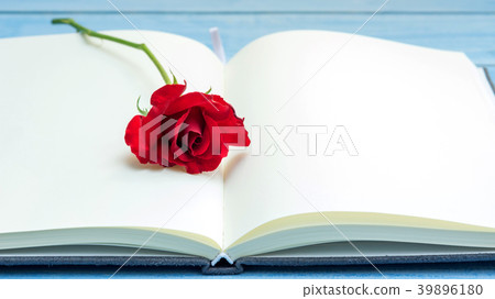 Red rose on a notebook and blue wooden table. Red rose on a notebook and blue wooden table. 39896180