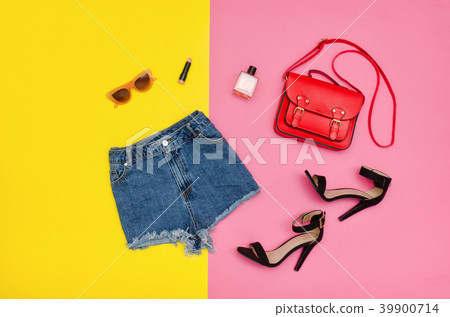 Denim shorts,black shoes, red handbag, sunglasses 39900714