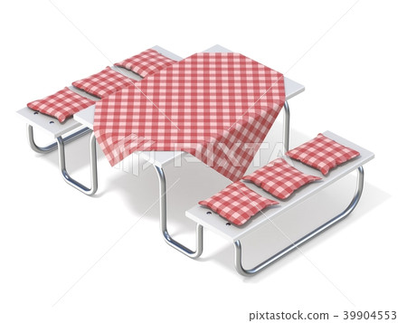 Picnic table with red table cover and pillows. 3D 39904553