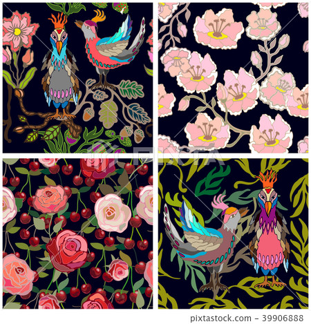 Japanese garden. Birds and flowers. 39906888