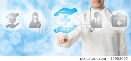 Doctor points at healthcare medical icons. Doctor points at healthcare medical icons. 39908065
