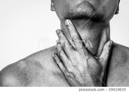 sore throat asian man. touching neck 39919635