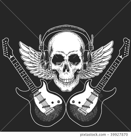 Rock music festival. Cool print for poster, banner, t-shirt. Skull wearing headphones with electric 39927870