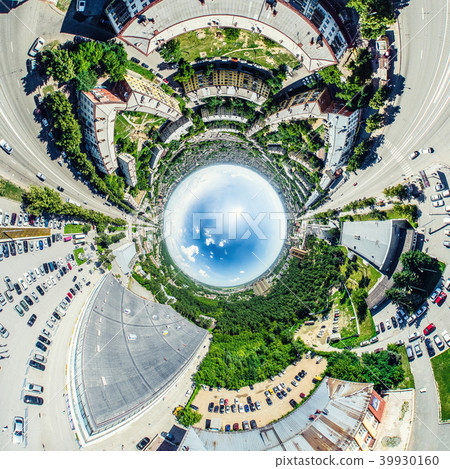 Aerial city view with crossroads and roads, houses, buildings, parks and parking lots. Sunny summer 39930160