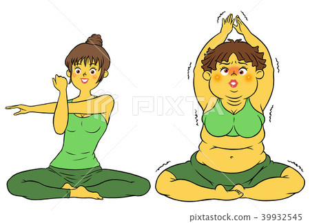 Diet yoga, slim woman and fat woman doing... - Stock Illustration ...