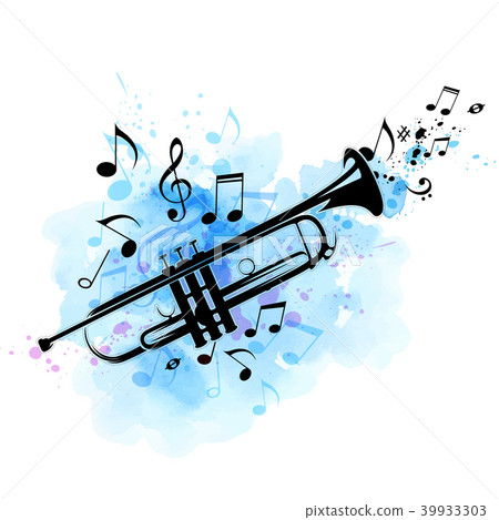 Black trumpet, notes and blue watercolor texture Black trumpet, notes and blue watercolor texture 39933303