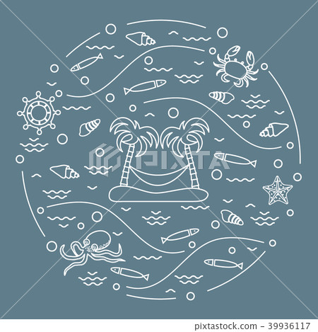 octopus, fish, island with palm trees and a 39936117