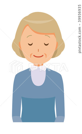 An elderly woman in a blue dress is bowing - Stock Illustration ...