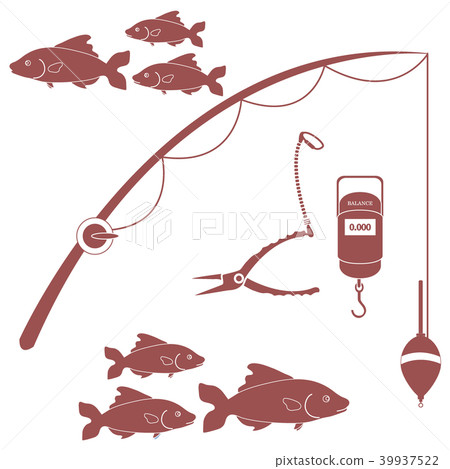 Stylized icon set of different tools for fishing Stylized icon set of different tools for fishing 39937522