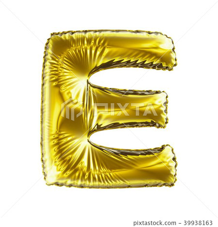 Golden letter E made of inflatable balloon isolated on white background. 39938163