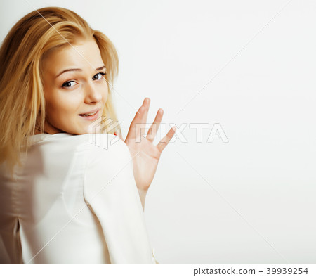 young blond woman emotional in studio isolated young blond woman emotional in studio isolated 39939254
