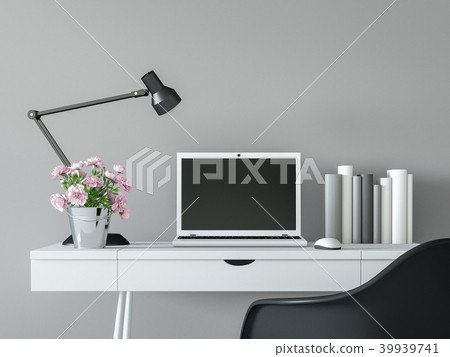 Modern working room  black & white 3d render 39939741