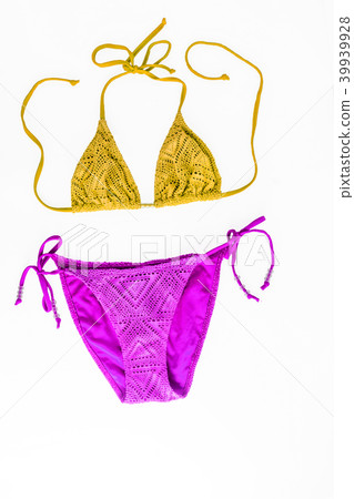 multicolored knitted beach bikini isolated on whit 39939928