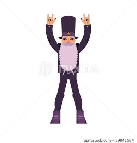 Aged rock man with long beard staying and making hand horns gesture. 39942594