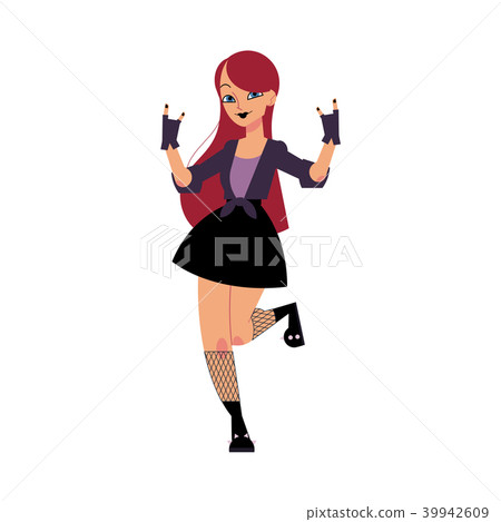 Young rock woman with long red hair staying and making hand horns gesture. Young rock woman with long red hair staying and making hand horns gesture. 39942609