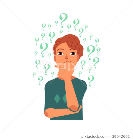 Thinking young man standing under lot of question marks and reflecting on solution of problem. 39942661
