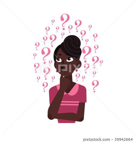 Young woman perplexing with lot of questions stands under questionmarks. 39942664
