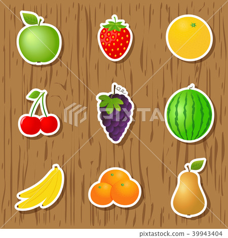 Set of fruit stickers on wood background Set of fruit stickers on wood background 39943404