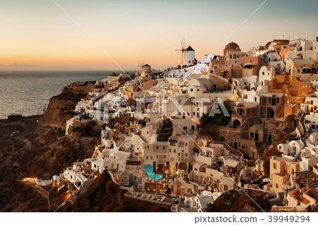 Santorini skyline sunset windmill 39949294