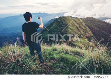 Tourist and Traveler Man with backpack Tourist and Traveler Man with backpack 39952263