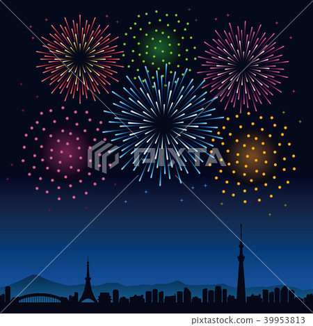 Night fireworks and cityscape of Tokyo image of summer 39953813