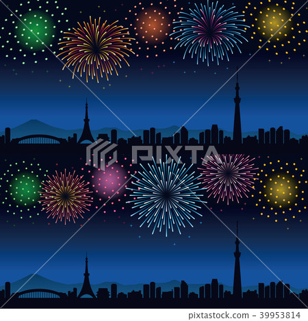Night fireworks and cityscape of Tokyo image of summer 39953814