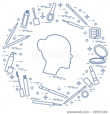 Silhouette of female head and various accessories 39954108