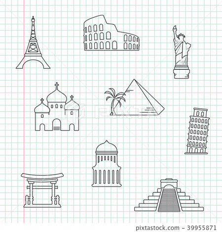 Hand drawn landmarks on a notebook sheet Hand drawn landmarks on a notebook sheet 39955871