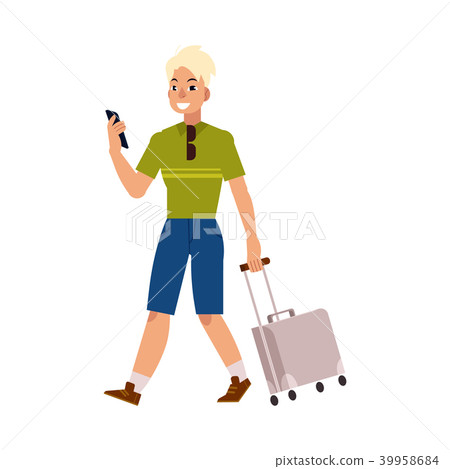 Vector flat man tourist with travel bag suitcase - Stock Illustration ...