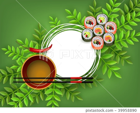 Sushi japanese seafood banner with set of fresh rolls, bowl with soy sauce, chopsticks and red chili Sushi japanese seafood banner with set of fresh rolls, bowl with soy sauce, chopsticks and red chili 39958890
