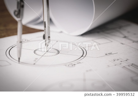 Workplace - technical project drawing with engineering tools. Workplace - technical project drawing with engineering tools. 39959532