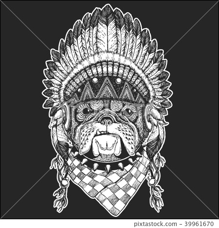 Bulldog Cool animal wearing native american indian headdress with feathers Boho chic style Hand 39961670