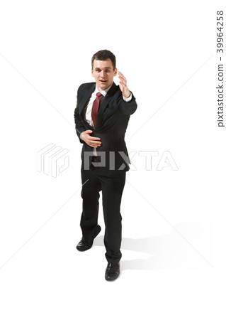Choose me. Full body view of businessman on white studio background 39964258