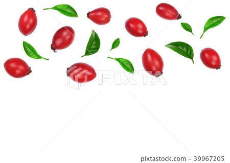 rosehip berries decorated with green leaves isolated on white background. Flat lay pattern. Top view rosehip berries decorated with green leaves isolated on white background. Flat lay pattern. Top view 39967205