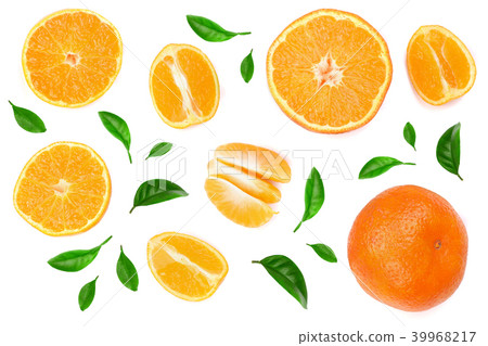 orange or tangerine with leaves isolated on white background with copy space for your text. Flat lay 39968217