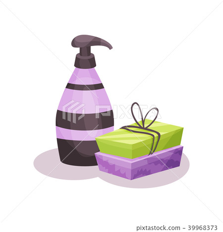 Soap bars and bottle of liquid soap with dispenser vector Illustration i on a white background 39968373